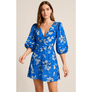 Womens JH Blue White Floral Mini Dress V-Neck 3/4 Puff Sleeves Sz 16 Cottagecore